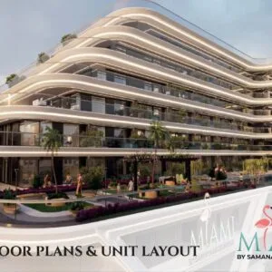 Modern multi-story residential building with curved balconies and pool
