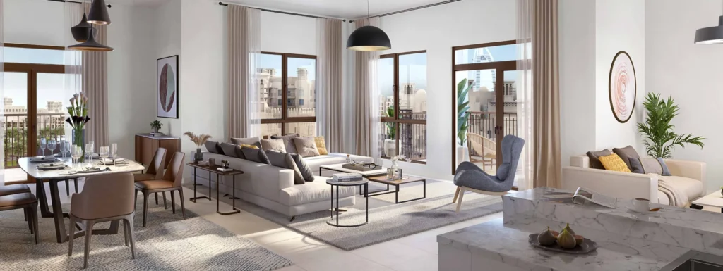 Al Jazi open-plan living and dining area with natural light (developer rendering)