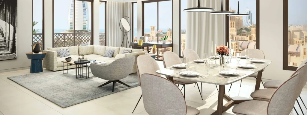 Lamtara apartment dining and living room with large windows (developer rendering)