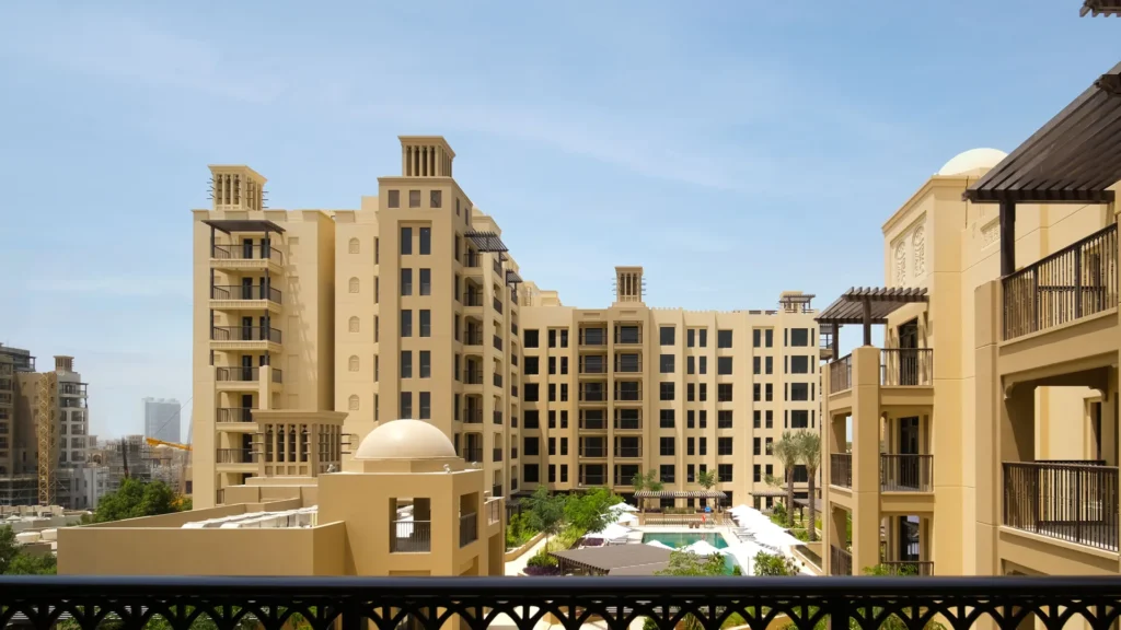 Madinat Jumeirah Living Lamtara residential building seen from a balcony with traditional-style detailing (developer rendering)