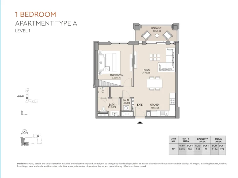 MJL Lamtara floor plan 1-спальн. · 774 кв. фут