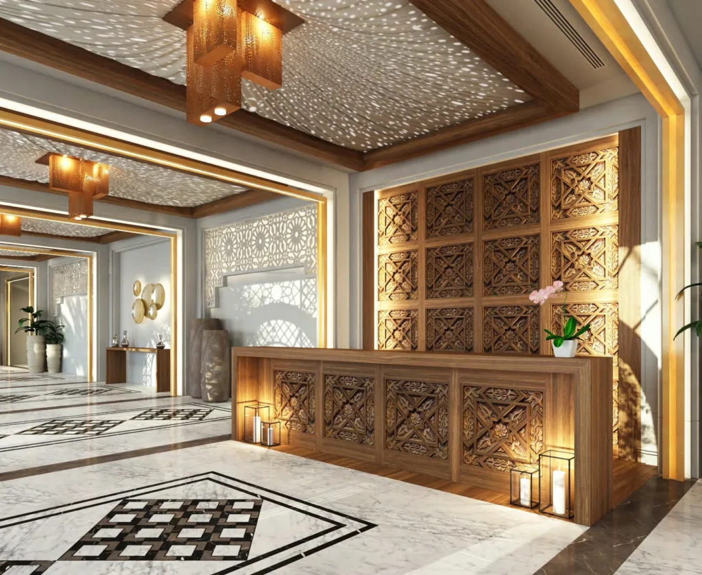 Rahaal residential lobby with carved screens and reception desk (developer rendering)