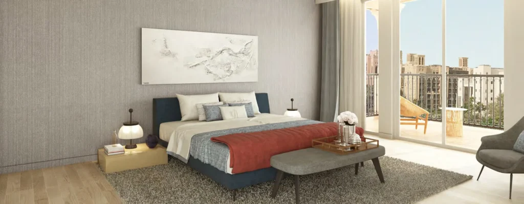 Rahaal apartment bedroom with wide window (developer rendering)