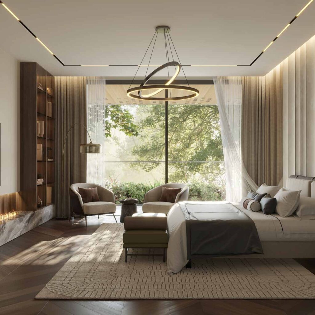 Bedroom interior with large window and modern lighting fixture