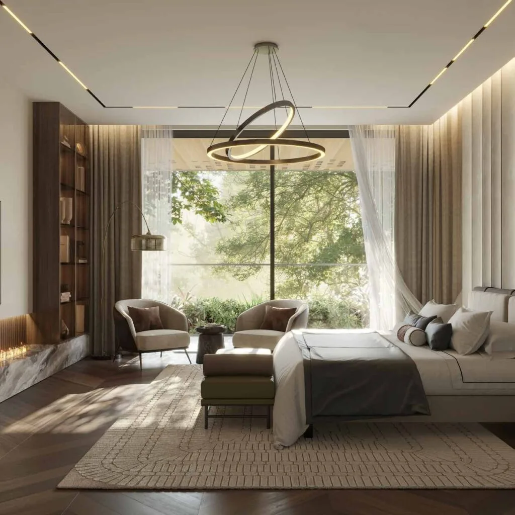 Bedroom interior with large window and modern lighting fixture