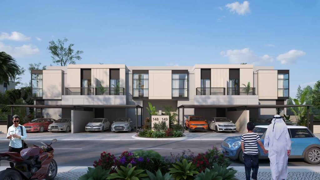 Exterior and interior renders of three bedroom townhouse