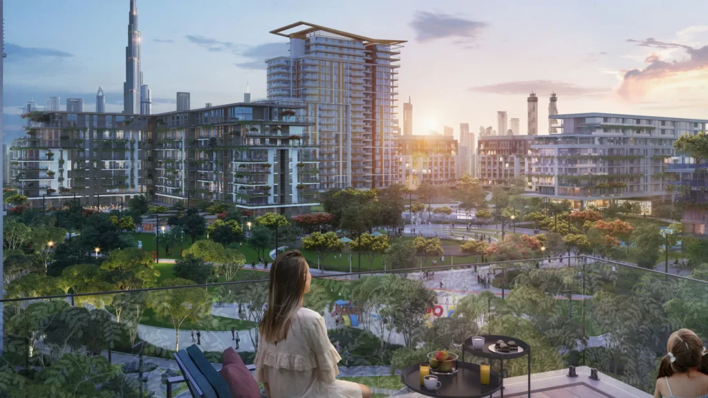 Myrtle at Central Park with pool, fountains and residential towers in the City Walk park setting (developer rendering)