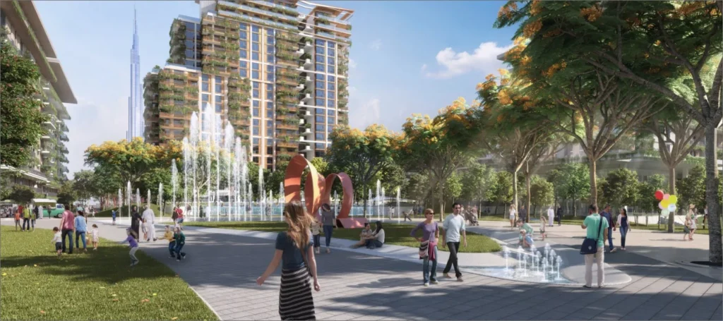 Central Park fountain plaza and walking paths with Burj Khalifa on the skyline (developer rendering)