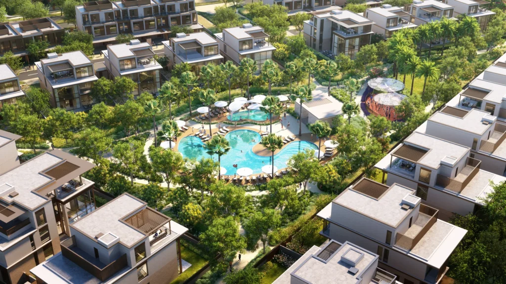 Aerial view of villas and the community pool in Nad Al Sheba Gardens (developer rendering)
