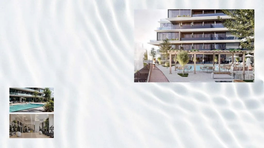 Exterior view of modern building with pool and outdoor seating