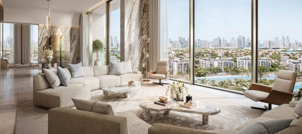 Interior living room with large windows overlooking city and water