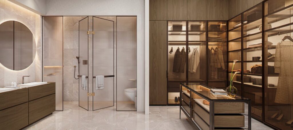 Interior render of bathroom and walk-in closet with glass doors