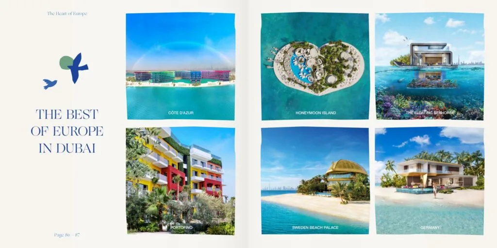 Six architectural renders of waterfront buildings and islands