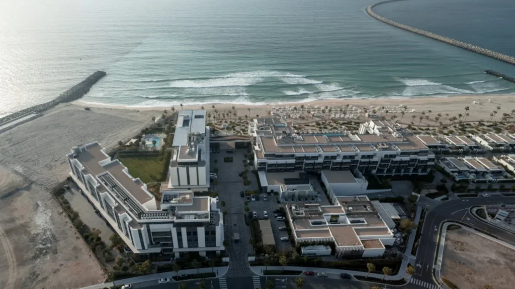 Aerial view of Nikki Beach Residences blocks and coastline at Pearl Jumeira