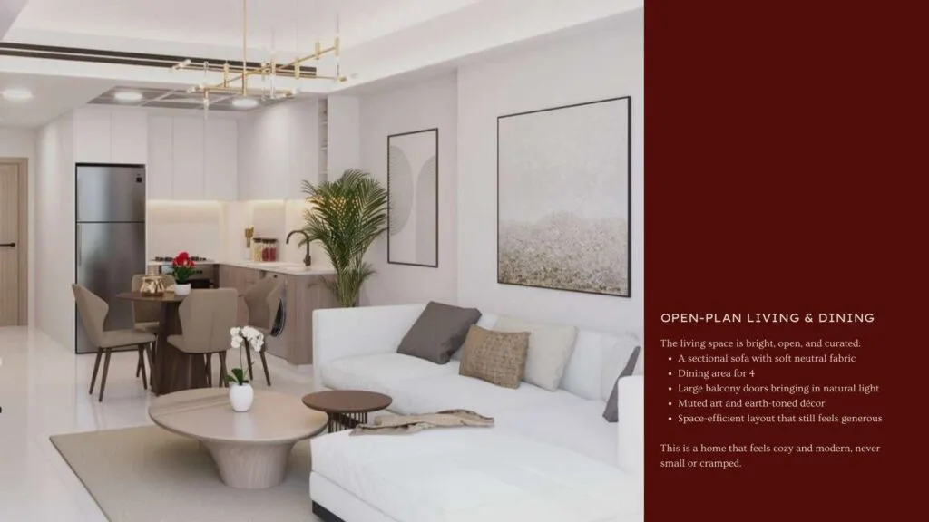 Open-plan living and dining area with sofa and kitchen