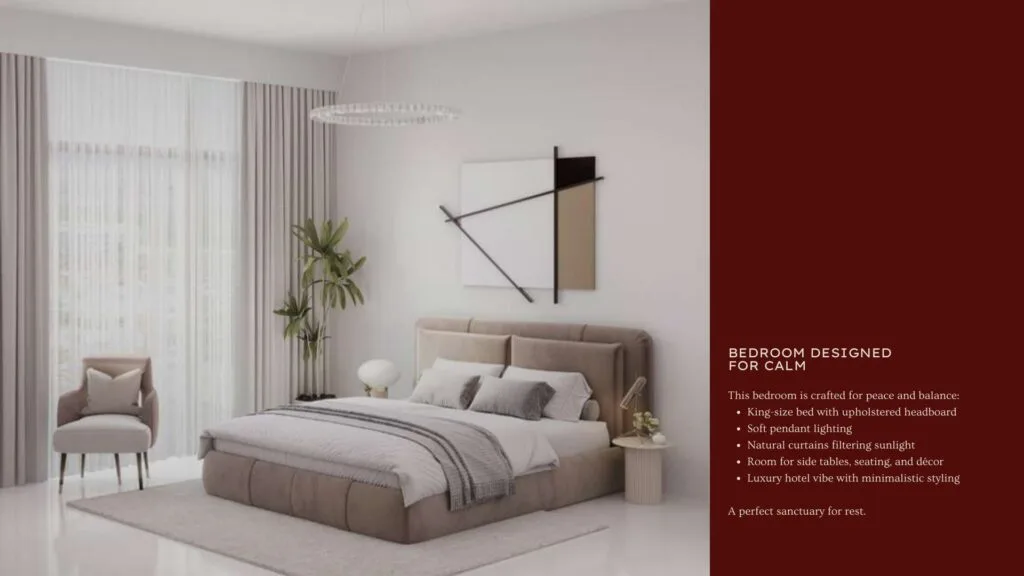 Bedroom interior with king-size bed and natural curtains