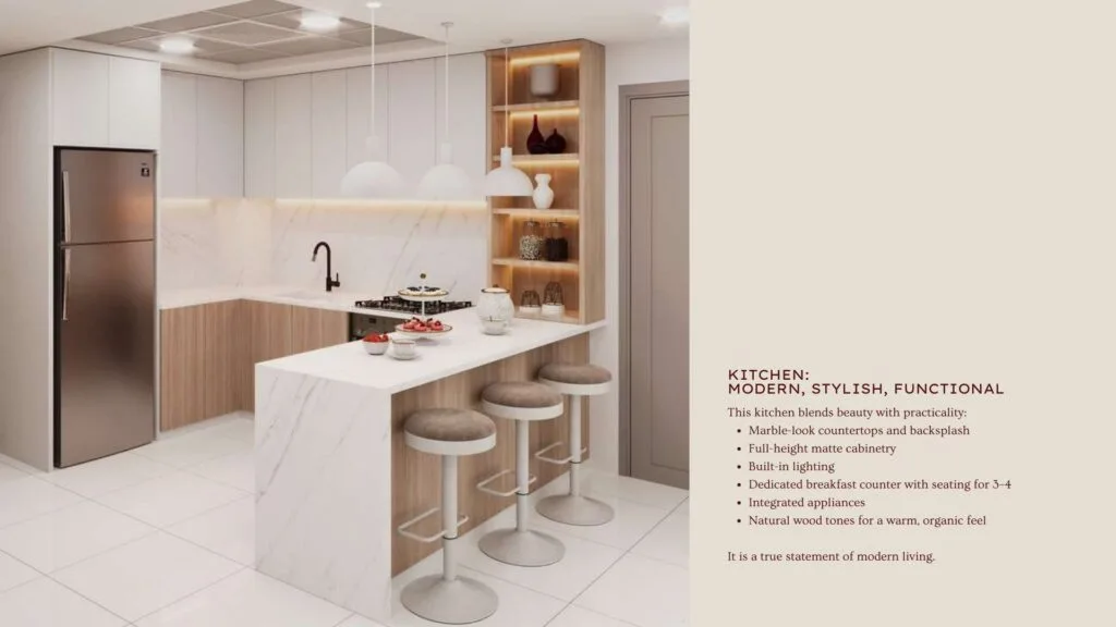modern kitchen with marble-look countertops and breakfast counter