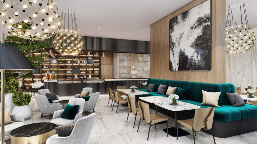 interior view of a modern lounge and dining area with seating