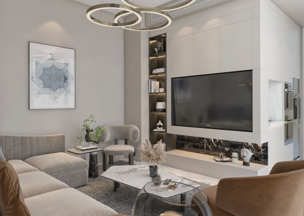 Modern living room interior with sofa, TV, and decorative shelves