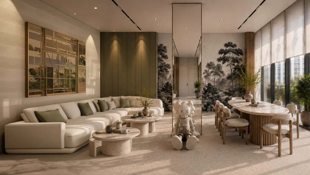 Interior render of living and dining area with large windows