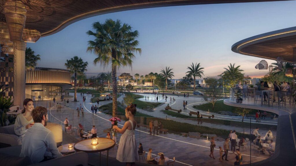 Outdoor retail plaza with palm trees and seating areas