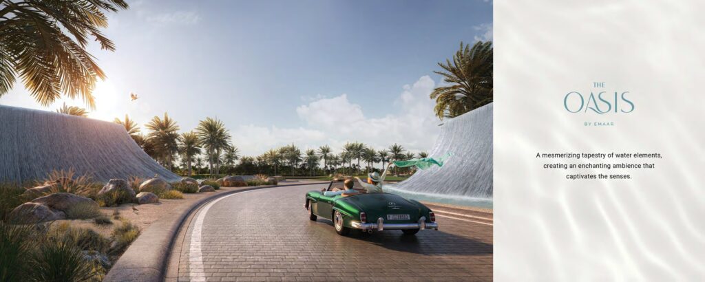 Car driving on palm-lined road with water features