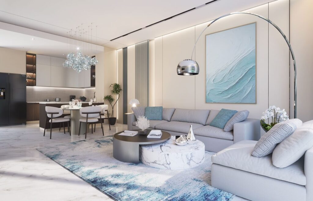Modern open-plan living room and kitchen interior with blue accents