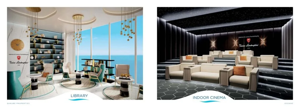 interior views of a library and an indoor cinema room