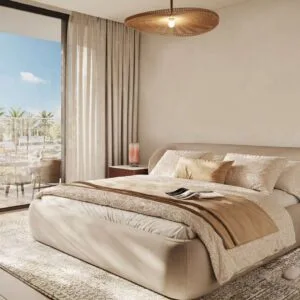 bedroom interior with large window and outdoor view