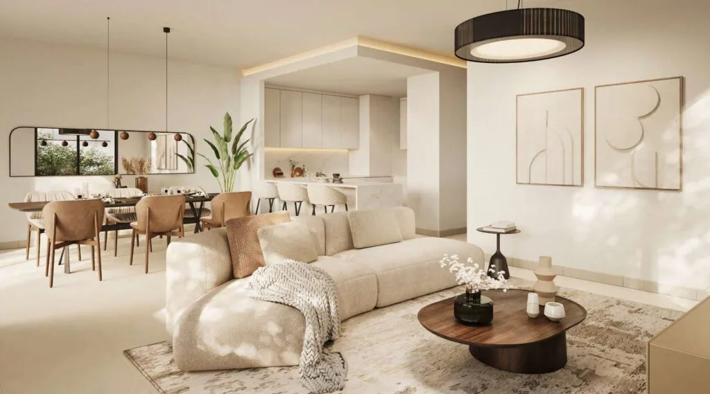 Interior render of living and dining area with kitchen