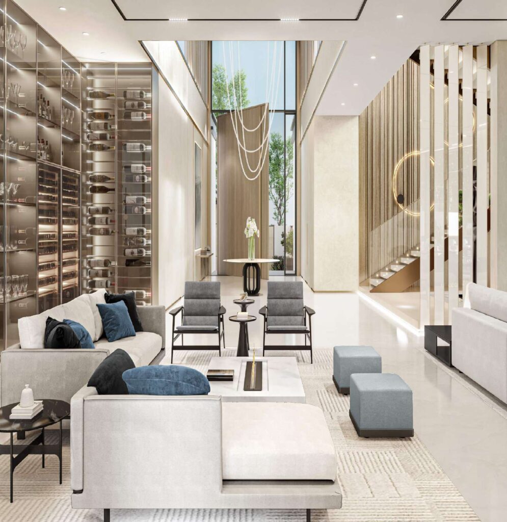 modern interior dining area and living room with large windows