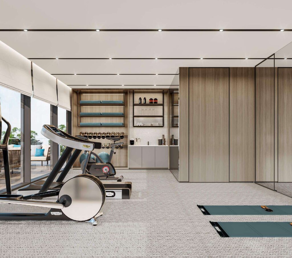 Bedroom interior and gym with exercise equipment