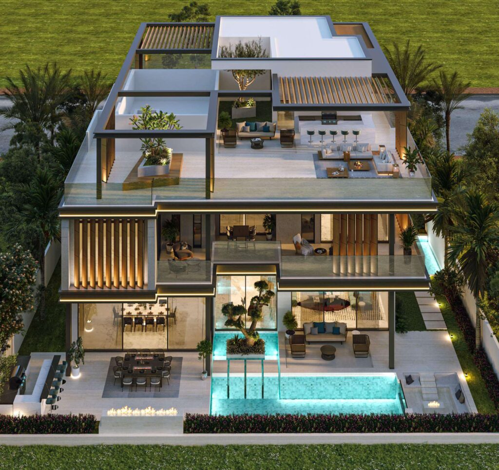 Aerial and stair side views of a modern villa with pool and garden