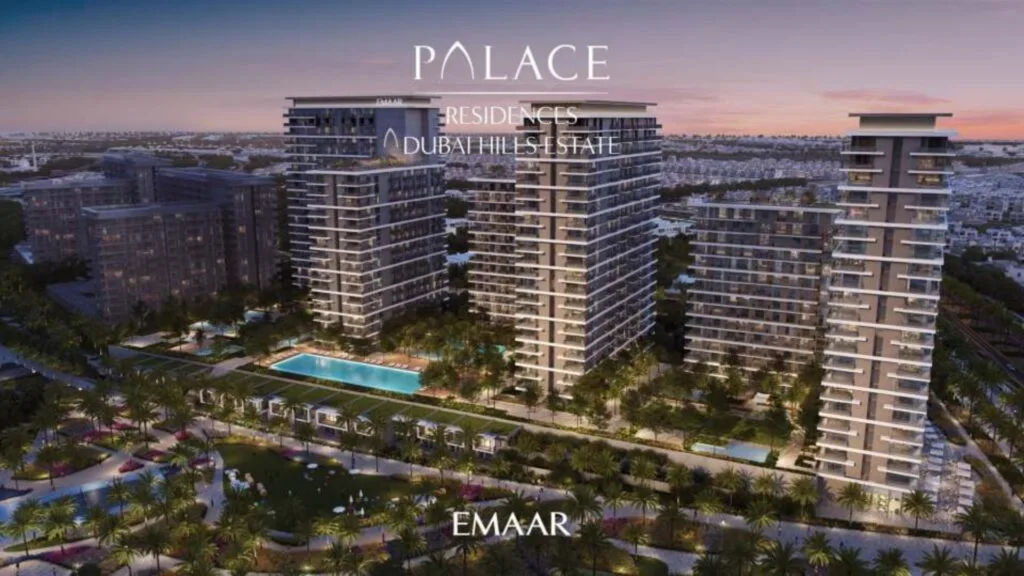 Three modern residential towers with pools and landscaped gardens