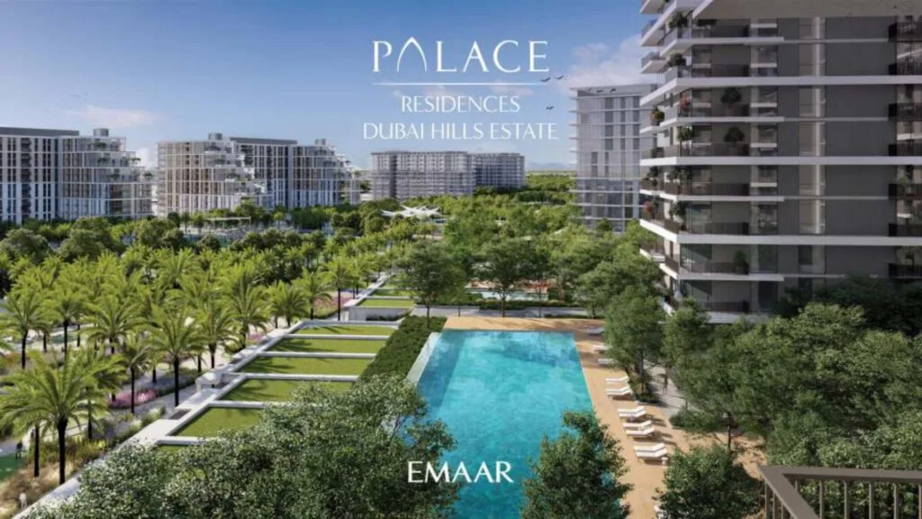 Exterior view of residential buildings with pool and greenery