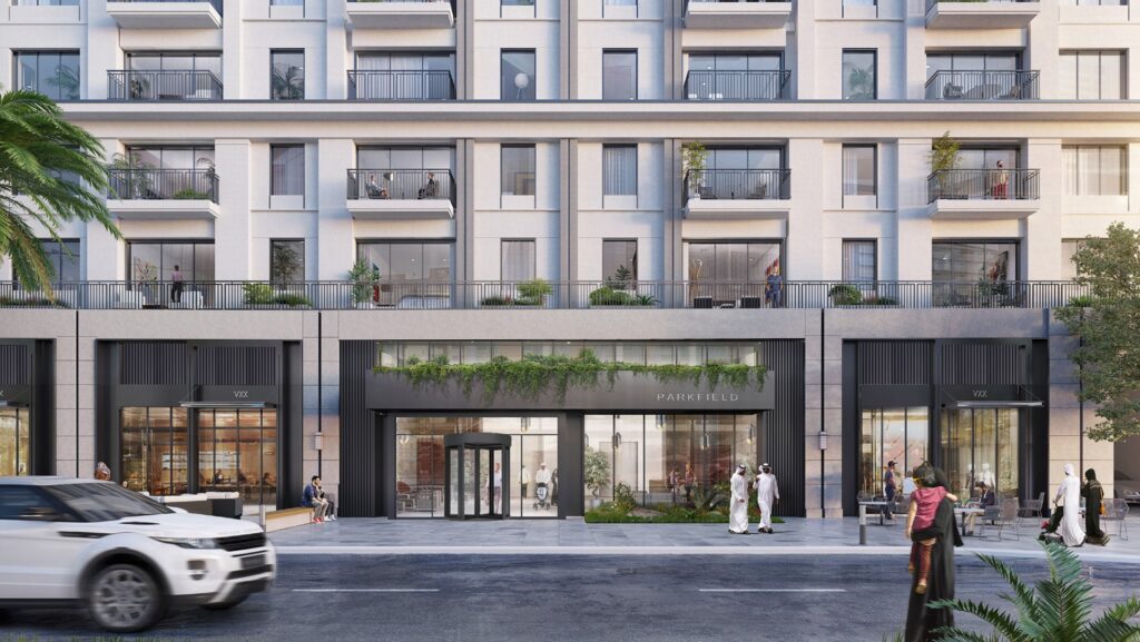 Exterior view of modern residential building with street and pedestrians