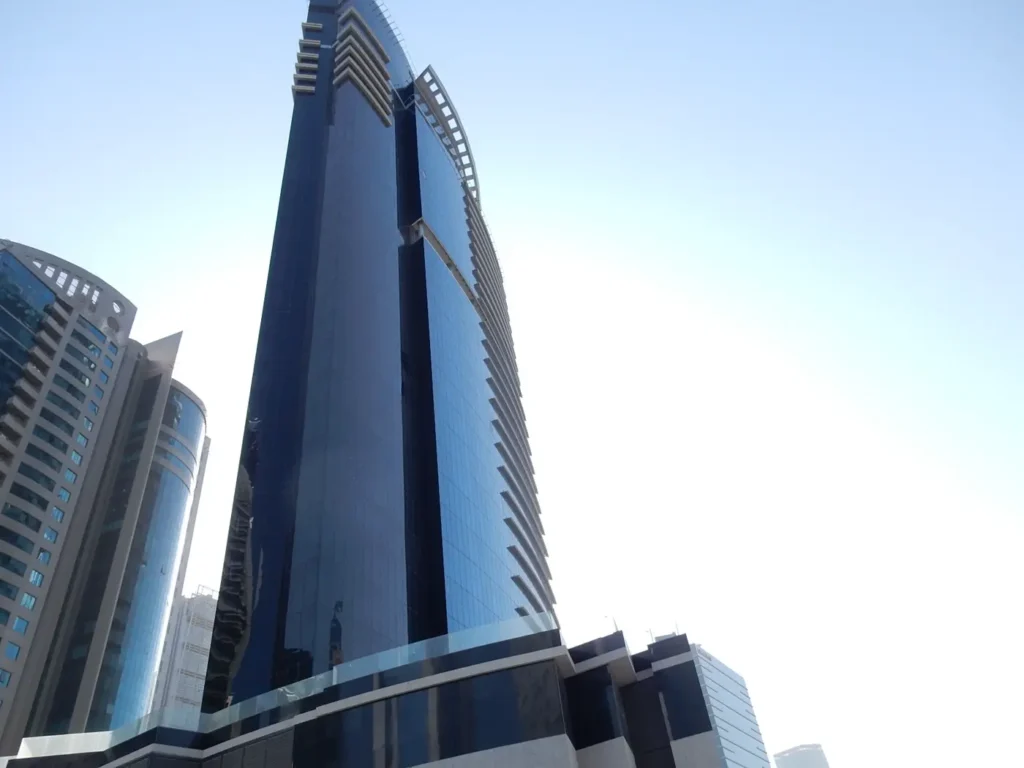 tower facade from below, Park Lane Tower (Park Regis Business Bay), Business Bay, Dubai