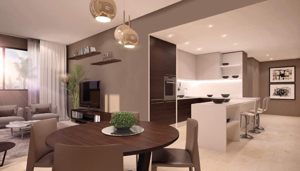 Park View Tower apartment living room with open kitchen