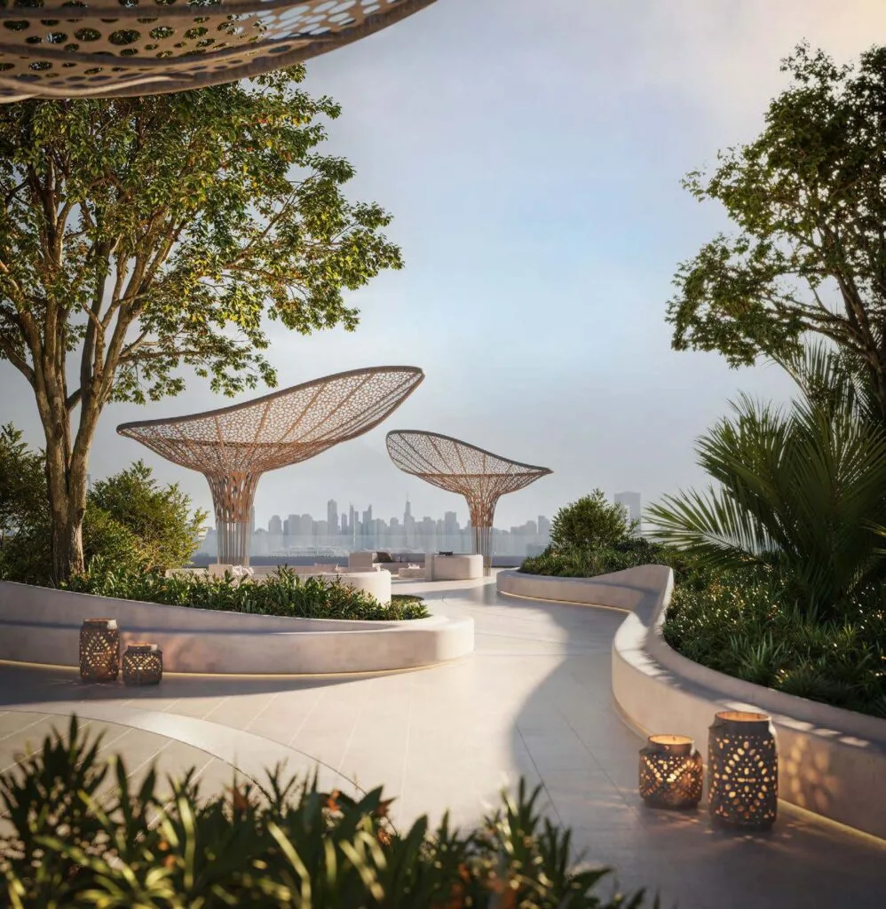 Outdoor seating area with sculptural shade structures and city skyline