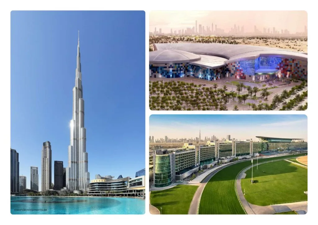 Tall skyscraper with surrounding buildings and water, plus two aerial views of large buildings and green areas