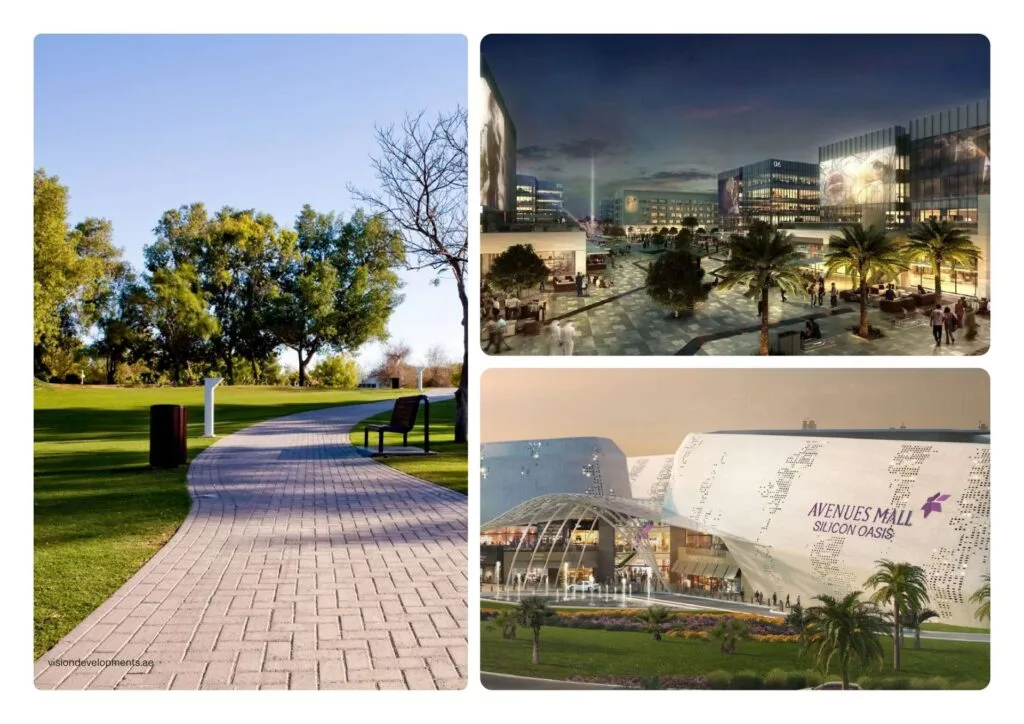 Day and night renders of outdoor plaza and mall exterior