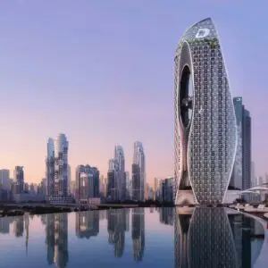 Exterior view of Safa Two tower with pool reflection in Business Bay Dubai