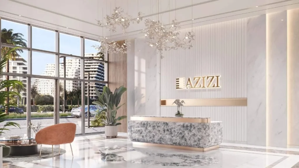 Ресепшн в лобби Azizi Venice 7 в районе Dubai South Дубая