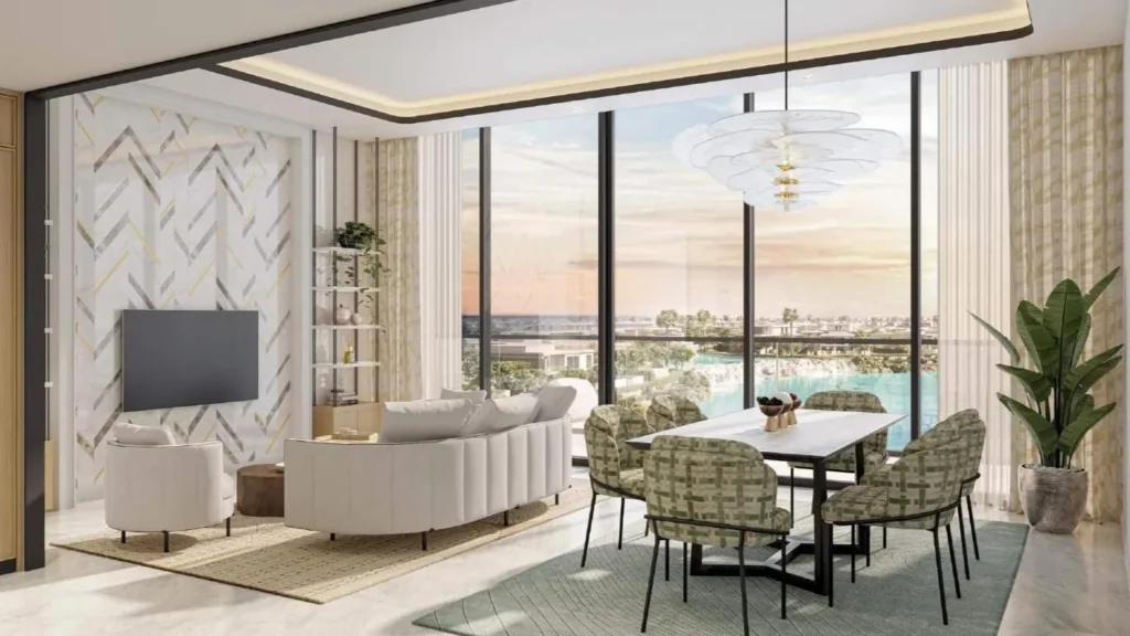 Гостиная с обеденной зоной и панорамными окнами в Azizi Venice 7 Dubai South