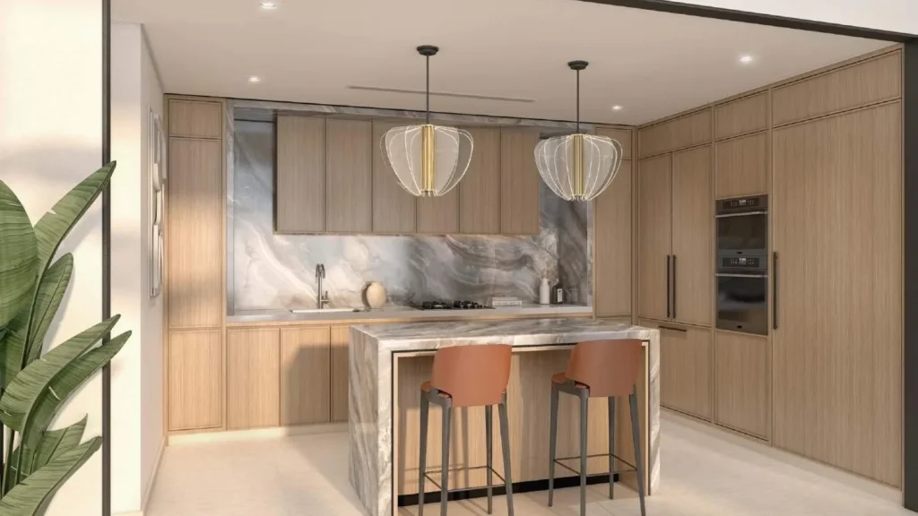 Кухонная зона с островом и барными стульями Azizi Venice 7 Dubai South