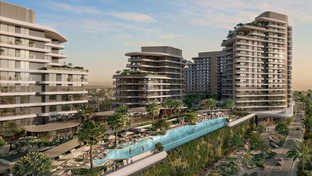 Exterior render of modern multi-story residential buildings with pool