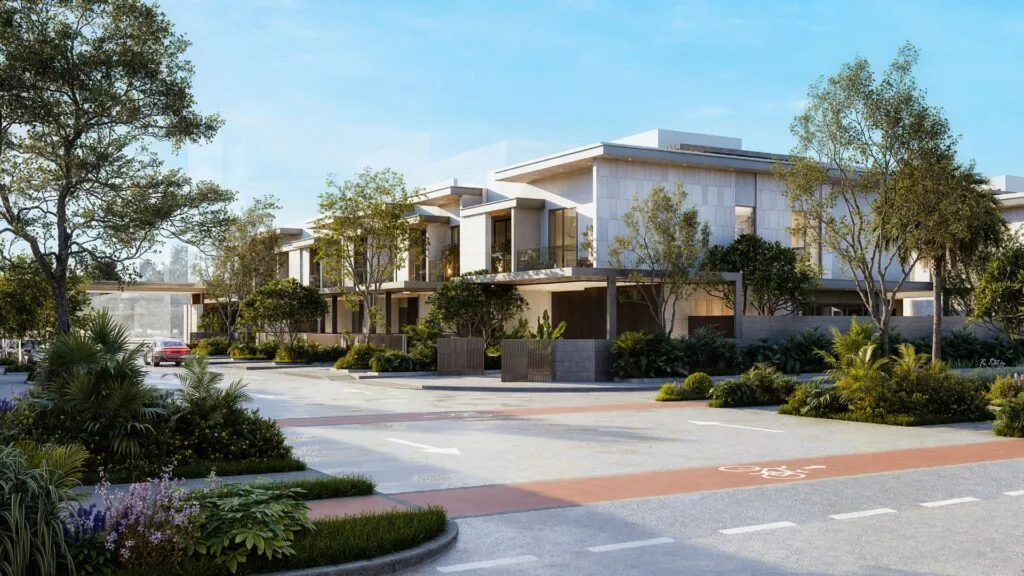 Exterior view of modern two-story residential buildings with trees