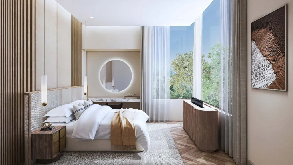 Interior bedroom with large window and modern furniture