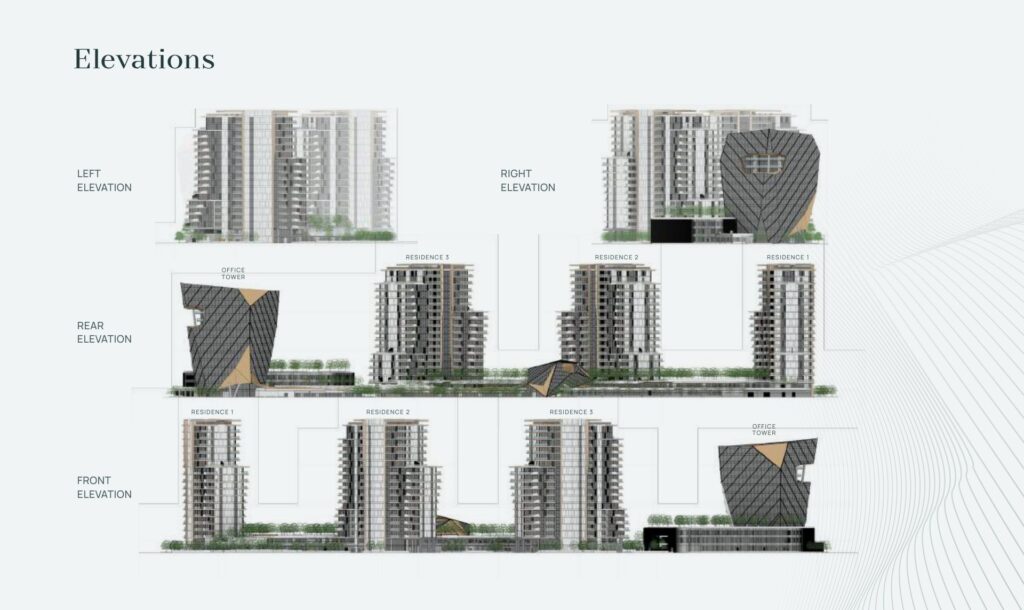 Architectural elevation views of multiple residential and office towers