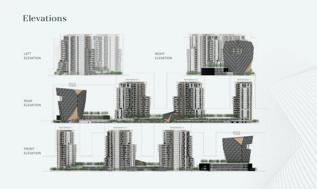 Architectural elevation views of multiple residential and office towers